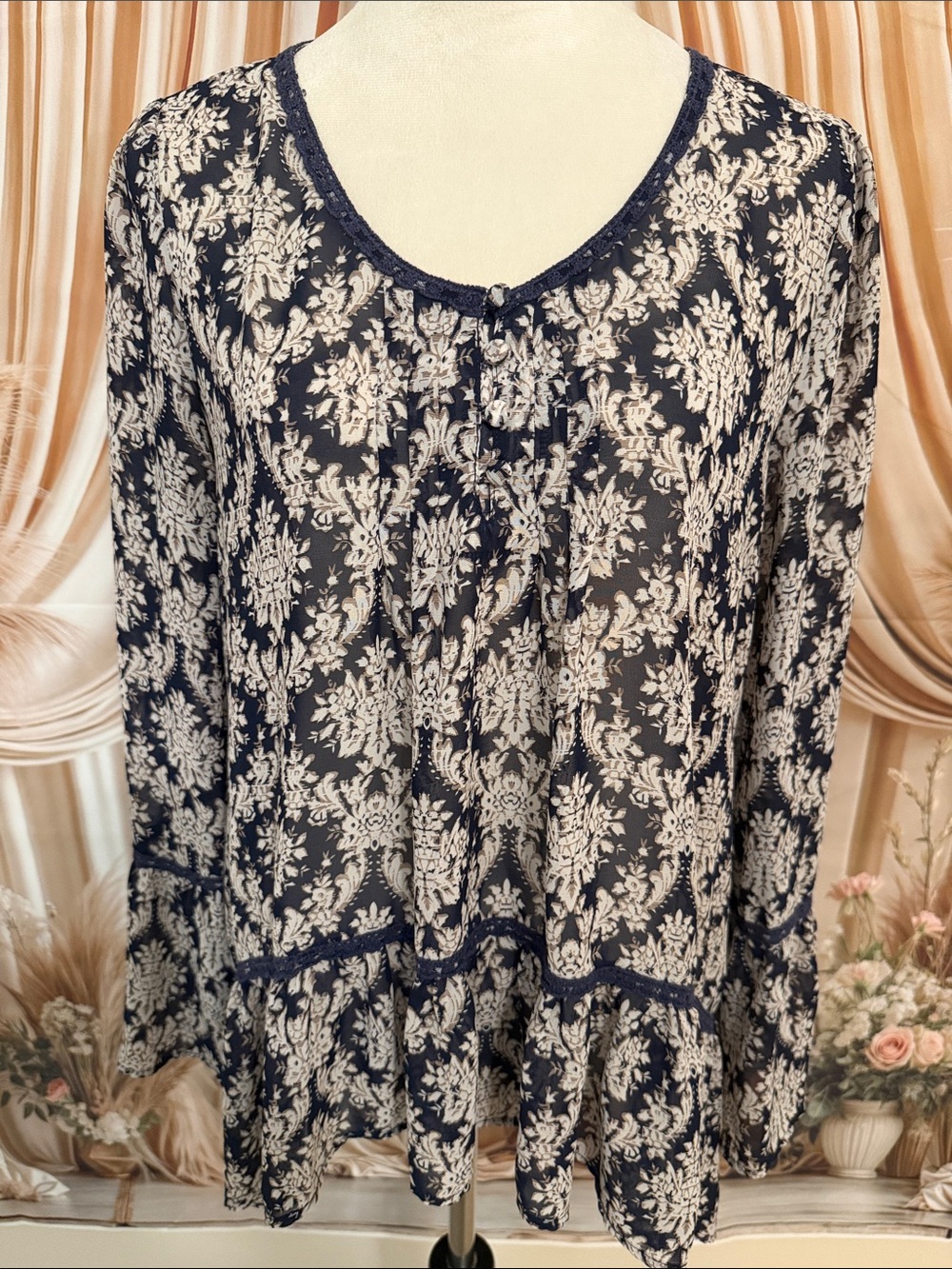 Blu Pepper Navy and White Floral Sheer Peasant Tunic